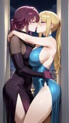 2girls against_wall ai_generated bare_shoulders blonde-haired_female blonde_female blonde_hair blue_eyes breast_squeeze breasts choker cleavage closed_eyes commentary_request crossover dress earrings eyewear_on_head female female_focus female_only gloves hair half-closed_eyes hands_on_hips honkai:_star_rail honkai_(series) hoyoverse indoors inside kafka_(honkai:_star_rail) kissing legs lesbian_kiss lia_the_busty_redhead lipstick long_gloves magenta_hair mature mature_female mature_woman metroid mihoyo night nintendo passionate passionate_kiss ponytail pressed_against pressing_breasts_together ribbon samus_aran self_upload sideboob slit_dress standing sunglasses tagme thighs yuri