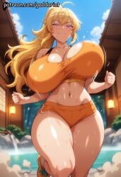 1girl ai_generated bare_midriff bokeh_background bouncing_breasts breast_bounce breast_jiggle breasts curvy gaddariat gloves huge_breasts jiggling_breasts large_breasts motion_blur patreon running rwby slim_waist solo sports_bra sweat thick_thighs voluptuous yang_xiao_long