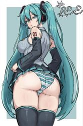 1girl 1girls aqua_eyes aqua_hair ass black_legwear breasts detached_sleeves from_behind hatsune_miku headset leelee_903 long_hair looking_at_viewer looking_back panties shoulder_tattoo skirt solo striped striped_panties tattoo thighhighs twintails underwear very_long_hair vocaloid