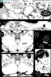 1boy 1boy1girl 1girl ai_generated big_penis black_hair breast_press breast_squeeze breasts breasts_grab breasts_out comic comic_page comic_panel english english_text female handjob large_breasts nipples penis penis_grab sainkho short_hair succubus titsjob white_hair
