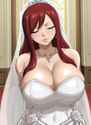 1girls ai_generated big_breasts curvy curvy_body curvy_female curvy_figure erza_scarlet fairy_tail gloves huge_breasts kyoru189 large_breasts light-skinned_female light_skin long_hair mature_female red_hair seductive seductive_pose shiny shiny_skin solo solo_female standing wedding_dress