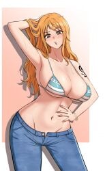 artist_request bikini_top blush brown_eyes cleavage hand_on_hip huge_breasts jeans long_hair nami_(one_piece) one_piece orange_hair tattoo unbuttoned_pants voluptuous