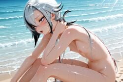 1girl ahegao ai_assisted ai_generated anime_screencap arlecchino_(genshin_impact) bent_over black_hair blush body_freckles crying cum_on_face drool dynamic_pose flat_chest freckles from_side genshin_impact naked nipples red_eyes sitting small_ass two_tone_hair wet white_hair
