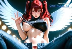 1girl 8k absurd_res accessories ai_assisted ai_generated angel_wings beautiful brown_eyes close_up cowboy_shot crop_top depth_of_field face_focus fingering hair_between_eyes high_detail high_res hires jeans jeans_down legs_open lights_off lipstick looking_at_viewer looking_back_at_viewer masturbating midriff moaning model_pose multiple_wings narrow_waist nip_slip open parody perfect_anatomy perky_nipples pinup posing pubic_hair pussy_exposed realistic red_hair solo twintails wings