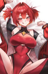 2d 2d_(artwork) 2d_artwork alternate_version_at_source alternate_version_available ark_ranger_red_(nikke) bed bed_sheet bed_sheet_background bedroom bedroom_eyes blush blush_lines blushing blushing_at_viewer blushing_female color female female_focus female_only fingers goddess_of_victory:_nikke hands laying laying_down laying_on_back laying_on_bed licking licking_lips licking_own_lips maviss_03 no_ai not_ai not_ai_generated not_furry pussy_print red_hair shift_up solo solo_female solo_focus tetra_(nikke) tounge_out visible_pussy
