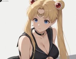1girl 1girls ai_generated armpit_crease bangs bishoujo_senshi_sailor_moon black_choker black_sailor_collar blonde_hair blue_eyes breasts choker cleavage closed_mouth collarbone double_bun earrings female female_only forehead_protector hair_ornament hi_res high_quality high_resolution highres large_breasts light lips long_hair looking_to_the_side nose opal_nemy patreon_logo patreon_url patreon_username plain_background sailor_moon sailor_moon_redraw_challenge self_upload shadow shiny shiny_clothes shiny_hair shiny_skin simple_background solo sweatdrop usagi_tsukino watermark white_background
