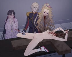1boy 2girls black_hair blonde_hair blood breasts closed_eyes cross crucifixion death decapitation empty_eyes gore guro impaled indoors knife long_hair medium_breasts multiple_girls nude nullchan purple_eyes