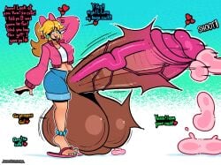 1futa 1girls 2026 altered_common_sense alternate_costume blonde-haired_female blonde_female blonde_hair bow cock_out cum earrings ejaculation female_to_futa hyper_penis jacket mario_(series) nintendo pink_eyes ponytail princess_peach shorts tagme text thegreyzen thehornyzen transformation