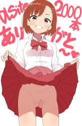 1girl ass ass_visible_through_thighs blush bow bowtie breasts clothes_lift commentary_request earrings grin hair_ornament hairclip heart heart_earrings heart_hair_ornament highres jewelry miniskirt no_panties orange_hair original pink_bow pink_bowtie pink_eyes pussy school_uniform shirt short_hair simple_background skirt skirt_lift small_breasts smile solo takku uncensored white_background white_shirt