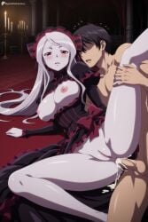 1boy 1girl ai_generated anal black_dress black_hair blush bow breasts breasts_out candle clothed_female_nude_male colored_skin cum cum_in_ass digitalwaifugallery dress frilled_dress frills gothic_lolita grey_hair hair_bow hetero hi_res high_quality high_resolution indoors large_breasts lolita_fashion long_hair long_sleeves nipples no_panties nude on_floor open_mouth overlord_(maruyama) pale_skin patreon penis pussy red_eyes seductive sex sexy shalltear_bloodfallen spread_legs striped_bow testicles uncensored vampire very_long_hair watermark white_hair