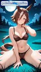 1girls 2026 ai_assisted ai_generated anime barefoot black_bra black_panties bow_panties bra cloud hi_res high_quality high_resolution highres moonlight navel night night_sky outdoors panties patreon patreon_username sitting sky skypassion smile stable_diffusion umamusume umamusume_pretty_derby underwear vodka_(umamusume) watermark