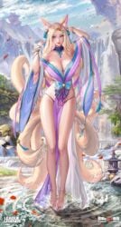 1girls ahri animal_ears bare_legs bare_shoulders barefoot beautiful_background bell blonde_hair blue_eyes bracelet breasts cleavage ear_tuft female female_only fox fox_ears fox_girl fox_tail hair_bell k/da_all_out_ahri k/da_all_out_series large_breasts league_of_legends long_hair looking_at_viewer pixiv_username portrait riot_games sideboob spirit_blossom_ahri spirit_blossom_series standing tail tsuki_no_i-min water water_drop wet wet_hair whisker_markings