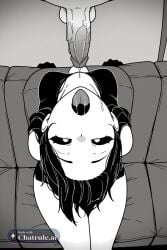 1girl 1girl1boy ai_assisted ai_generated arousal black_hair black_sclera blowjob chuchu close_up cock deepthroat erect eyes_rolled_back fellatio half_closed_eyes intimate licking limited_palette lustful mime_and_dash moaning monochrome oral_sex penis pleasure quivering saliva sitting_on_couch slobber solo suction tongue white_pupils white_skin worship