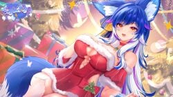 big_breasts blue_hair boob_window christmas_outfit german_vtuber indie_virtual_youtuber lewdtuber long_hair virtual_youtuber vtuber wolf_ears wolf_girl wolf_tail