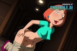1girl 8k absurd_res accessories ai_assisted ai_generated aqua_shirt beautiful blue_earrings close_up cowboy_shot crop_top depth_of_field face_focus family_guy fingering high_detail high_res hires jeans jeans_down legs_open lights_off lipstick lois_griffin looking_at_viewer looking_back_at_viewer masturbating midriff moaning model_pose narrow_waist nip_slip open orange_hair parody perfect_anatomy perky_nipples pinup posing pubic_hair purple_footwear pussy_exposed realistic solo squatting upper_body