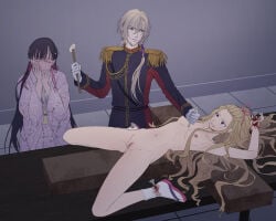 1boy 2girls black_hair blonde_hair blood breasts closed_eyes cross crucifixion guro hammer indoors long_hair medium_breasts multiple_girls nude nullchan purple_eyes