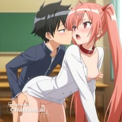 1girl ahoge ai_assisted ai_generated anime_coloring anime_screencap aria classroom cock_in_pussy collar collarbone cowgirl creampie detailed_background detailed_eyes grey_dress hairclip inside leaning_forward long_dress long_hair long_sleeves moaning parted_bangs pencil_dress pink_hair ponytail pussy_sex saliva shaking side_view sleeveless_dress spread_legs very_long_hair