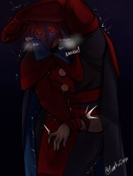 black_and_red clothed clothed_male clothed_sex doctor_(the_freak_circus) drool drool_on_face drooling grabbing grabbing_hand hand_on_breast hand_on_penis looking_pleasured mask masked masked_male red_eyes red_gloves red_hair redhead shivering shivering_in_delight solo solo_focus solo_male the_freak_circus touching_breasts touching_cock touching_crotch touching_penis