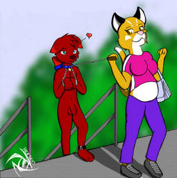 anthro bondage bound clothing collar feline female flaccid fur furry handcuffs heart herseio humiliation jed kooskia leash male niya nude outside panther park penis petplay pregnant public