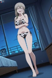 1boy 1girl absurdres adult ai_assisted ai_generated animal_print arm_under_breasts bangs bare_shoulders barefoot bed bedroom big_breasts bikini breasts city_lights cleavage closed_eyes collarbone cow_print curtains female full_body grey_hair hand_on_own_cheek hand_on_own_face heeven highres indoors large_breasts long_hair male mature mature_female navel night night_sky on_bed open_mouth patreon patreon_username perfect_body scrunchie sensitive shiny shiny_hair shiny_skin side-tie_bikini_bottom sky smile solo standing star_(sky) swimsuit thighs uncensored uzaki-chan_wa_asobitai! uzaki_tsuki white_bikini window