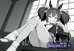1girl ai_assisted ai_generated beautiful brown_hair day dress general grayscale green_eyes grin hair_between_eyes hair_bow high_contrast highres horse_ears horse_tail indoors looking_at_viewer no_nose perfect_anatomy pussy sarashi sharp_teeth sitting_on_chair slit_pupils smug socks tabi twintails upskirt_view