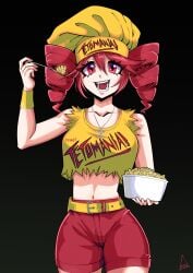 1girl alternate_costume black_background bowl breasts chef_hat collarbone commentary_request cosplay cowboy_shot crop_top cross cross_necklace drill_hair duendezoid food fork hat highres holding holding_fork hulk_hogan jewelry kasane_teto looking_at_viewer medium_breasts midriff navel necklace open_mouth pasta red_eyes red_hair red_shorts shirt short_hair shorts signature sleeveless sleeveless_shirt smile solo spanish_commentary torn_clothes torn_shirt twin_drills utau wwe yellow_hat yellow_shirt