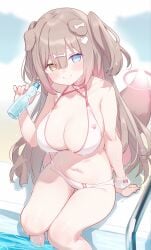 1girl absurdres animal_ears bare_shoulders bikini blue_eyes bottle breasts brown_hair choker cleavage commentary dog_ears dog_girl dog_tail grin halterneck hand_up heterochromia highres hiraga_matsuri holding holding_bottle large_breasts long_hair looking_at_viewer multi-strapped_bikini_top navel original pink_choker sitting smile solo stomach string_bikini swimsuit tail thighs two_side_up very_long_hair wet white_bikini yellow_eyes