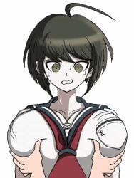 1girls 2d 2d_animation ahoge alt3r_eg0 animated beat_banger big_breasts black_hair breast_grab breasts danganronpa danganronpa_another_episode:_ultra_despair_girls deep_skin grabbing grabbing_from_behind groping huge_breasts komaru_naegi large_breasts naegi_komaru school_uniform serafuku short_hair sweatdrop tagme upper_body