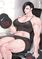 1girls abs absurd_res athletic athletic_female biceps big_boobs big_breasts big_thighs black_hair curvy curvy_body curvy_female curvy_figure dumbbell gym highres huge_thighs kureshi_(hannzi) muscular muscular_arms muscular_female muscular_legs muscular_thighs original pale_skin short_hair solo solo_female solo_focus sportswear thick_thighs voluptuous voluptuous_body voluptuous_female