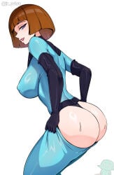 1girls artist_name ass ass_cleavage ass_focus big_ass black_gloves blue_bodysuit bodysuit breasts brown_hair danny_phantom female female_focus female_only gloves hair half-closed_eyes jrpuls3 lips looking_back madeline_fenton mature mature_female mature_woman milf mother purple_eyes short_hair side_view sideboob solo_focus sweat sweatdrop thighs white_background