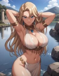 1girls ai_generated alternate_costume armpits artist_request big_breasts blonde_hair blue_eyes boob_window curvy_figure erotic_costume hands_behind_head kurashiki_reika lake long_hair saimin_seishidou sideboob thick_thighs