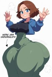a_minecraft_movie aged_up alternate_version_available arrow arrow_(symbol) ass ass_bigger_than_breasts ass_bigger_than_head ass_bigger_than_torso black_shirt blue_eyes blue_jacket blush blush_lines brown_hair caption deep_blush exclusive green_skirt hands_up large_ass large_hips long_skirt medium_breasts minecraft mylooseylucy natalie_(a_minecraft_movie) nervous no_waist patreon_exclusive small_waist steam steaming_body steamy steamy_breath sweat sweaty sweaty_ass sweaty_breasts text tight_clothes tight_clothing tight_fit tight_shirt tight_skirt tiny_waist voted white_background wide_hips
