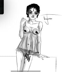 1boy black_hair celebrity crossdressing curly_hair lingerie michael_jackson musician penis real_person