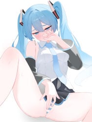 1girl absurdres black_skirt black_sleeves blue_eyes blue_hair blush breasts detached_sleeves embarrassed female_masturbation hair_between_eyes hair_intakes half-closed_eyes hatsune_miku highres long_hair looking_down masturbation masturbation_through_clothes medium_breasts miniskirt panties partially_visible_vulva shirt sidelocks sitting skirt solo striped_clothes striped_panties twintails underwear vocaloid white_shirt y_vdo