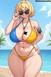ai_generated azov_chan beach big_boobs big_breasts bikini blonde blonde_female blonde_hair cross flirting_look looking_at_viewer marichka nail_polish seductive seductive_look sharp_teeth tryzub ukrainian ukrainian_flag_bikini voluptuous voluptuous_body voluptuous_female