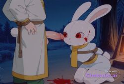 1girl absurdly_long_hair ai_assisted ai_generated anime_screencap big_eyes blood_splatter bunny_ears campsite close_up firelight flaccid_penis frowning furry_female high_quality juliet_sleeves kneeling long_sidelocks long_sleeves looking_at_penis night outside rabbit_tail red_eyes shiny_skin upper_body white_dress white_robe white_skin