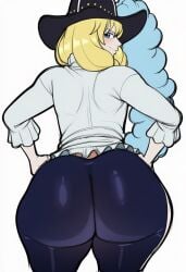 ai ai_generated back_view big_ass black_hat blue_hair blue_pants cavendish feet_up femboy huge_thighs long_hair male_only one_piece pants shirt smile thighs tsundere white_background white_shirt yellow_hair
