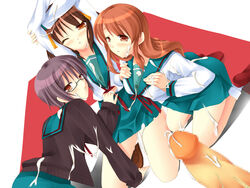 asahina_mikuru blush censored cum glasses highres long_hair nagato_yuki school_uniform short_hair suzumiya_haruhi suzumiya_haruhi_no_yuuutsu tsumugisou