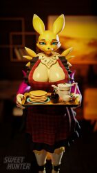 1girls 3d_model 3d_render bandai_namco bedroom blender digi_(yourdigimongirl) digimon female fox morning pancakes renamon smile solo sweet_hunter wife