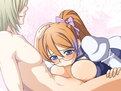 aquarion_evol blue_eyes blush bow breasts brown_hair censored fellatio female glasses green_hair hairbow male mix_(aquarion) oral paizuri penis ponytail shirayuki_usami straight tied_hair