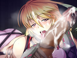 1boy 1girls artist_request bare_shoulders blonde_hair blush censored cum dark-skinned_male dark_skin fellatio gloved_handjob gloves hair handjob highres huge_cock interracial licking_penis light-skinned_female light_skin long_hair male milla_maxwell oral penis tales_of_(series) tales_of_xillia tongue