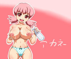 blush breasts clothes female female_only hair huge_breasts human lactation large_breasts milk namaniku_(gaspoppo) nipples panties pink_hair pokemon smile solo source_request underwear whitney_(pokemon)