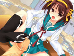 blush brown_hair censored cum feet female footjob highres school_uniform short_hair socks suzumiya_haruhi suzumiya_haruhi_no_yuuutsu tsumugisou