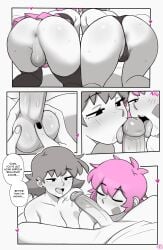 1girls 2boys 2d anus ass ass_focus balls bisexual bisexual_fellatio bisexual_male both_sexes_in_same_situation breasts cameltoe collaborative_fellatio comic comic_page crossdressing dross english_text female female_supporting_yaoi femboy freckles jacob_(dross) licking_penis male massaging_balls miniskirt mmf_threesome multiple_males original original_characters page_42 panties partially_colored penis pink_hair presenting_anus roxanne_(dross) skirt speech_bubble tagme taylor_(dross) testicles thong threesome