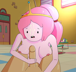 1boy 1girls adventure_time arkbound cum erection finn_the_human handjob pink_skin princess_bubblegum