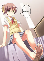 barefoot bed brown_hair cum cum_on_feet cum_on_lower_body cum_on_toes feet female flat_chest foot_fetish footjob highres human human_only k-on! male panties pantyshot penis ponytail short_hair sitting skirt soles straight tied_hair toes ui_hirasawa_(k-on!) underwear upskirt