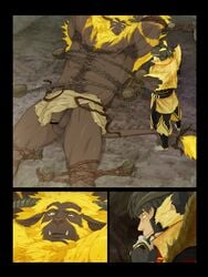 armor balls capcom chains fanged_beast gay golden_(armor) horn human hunter_(monster_hunter) kfutaba lying male monster_hunter monster_hunter_2 muscles penis rajang source_request video_games year_request