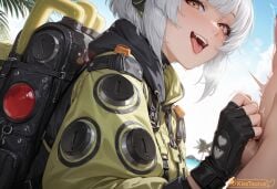 1boy ai_generated anby_demara backpack bag balls black_gloves blush bodily_fluids clothed_female_nude_male clothing duo faceless_character female fingerless_gloves from_side genitals gloves goggles goggles_around_neck green_jacket grey_hair handjob handwear headphones hi_res hood hooded_jacket human human_on_feral jacket jerking jerkingoff kisstaurus long_sleeves looking_at_viewer male male/female nude open_mouth outdoors outside penis plant short_hair silver_hair small_penis small_penis_humiliation smile smirking solo solo_focus straight teeth testicles tongue tongue_out tree upper_teeth_only white_hair yellow_eyes yellow_jacket zenless_zone_zero