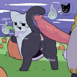 anus ass bedsheet_ghost big_penis black_body black_fur bodily_fluids clitoris defunctumbra disembodied_penis domestic_cat dripping duo ectokitty_(fatalafterdark) felid feline felis female female_feral feral food fruit fur genital_fluids genitals ghost humanoid_genitalia humanoid_vulva imminent_sex looking_back male male/female male_on_feral mammal outside penis plant pumpkin pumpkin_patch pussy raised_tail spirit tail vaginal_fluid_drip vaginal_fluids vulva zoophilia