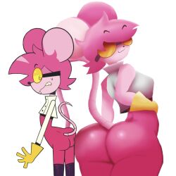 2d 2d_(artwork) 2girls ass asses_touching big_ears bubble_butt butts_touching canon_vs_fanon clothed clothed_female colossal_ass crop_top different_artstyle different_eye_color female female_focus female_only glasses gloves goommymuffin huge_ass looking_at_another looking_back looking_down muffin_(goommymuffin) murid original pamaht9 pink_body pink_hair rat_tail rodent same_character scientist simple_background solo solo_female solo_focus solo_only sweatdrop tagme twitter_username white_background yellow_gloves